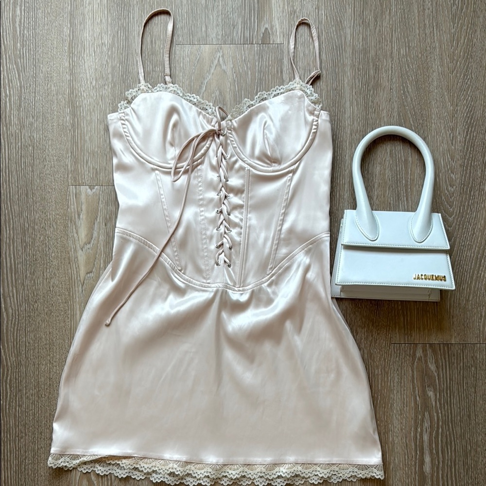 Edikted Satin Lace-Up Dress in Cream
